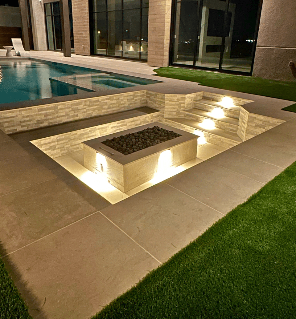 Various landscape design features, including outdoor patios, pools, and artificial grass, showcasing landscaping and hardscaping services by Visualized Landscape